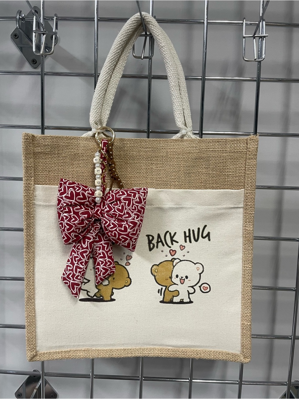 Cute Bear Hug Canvas Tote Bag with Puff Bow 🎀